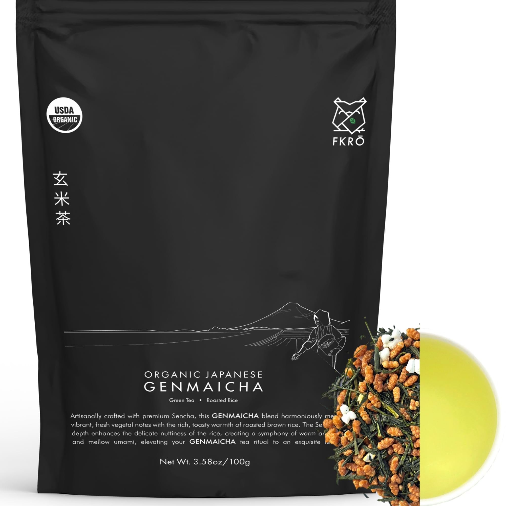 FKRO Organic Genmaicha | Japanese Roasted Rice Green Tea | Loose Leaf Premium Sencha Blend with Roasted Rice | Low Caffeine | Freshly Flown from Japan Monthly (100g/3.5oz Pouch)