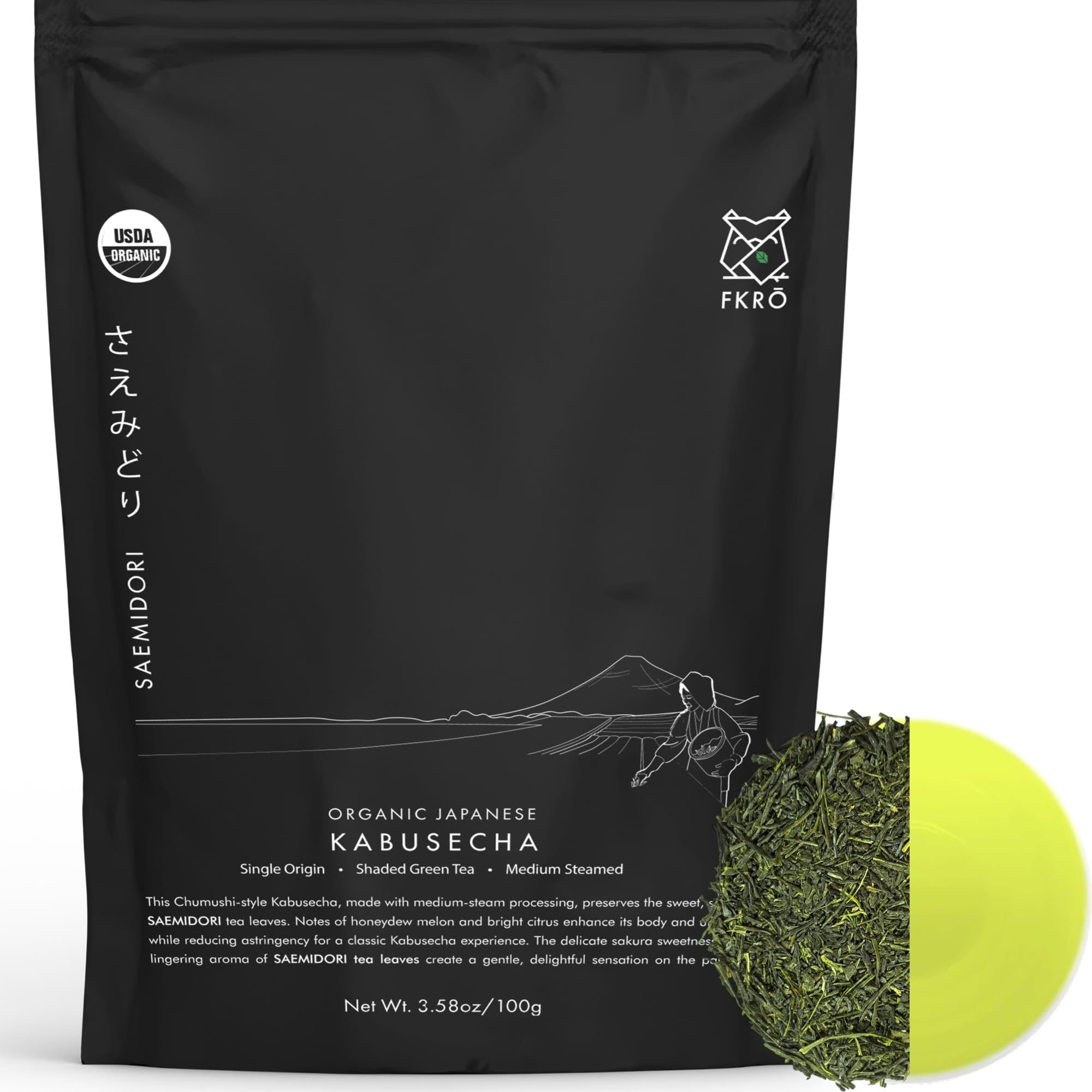 FKRO Organic Kabusecha | Premium Sencha | Japanese Shade-Grown Green Tea | First Harvest Saemidori Cultivar | Hand-Picked, Shaded for 10 Days | Umami Sweet Loose Leaf Green Tea | Freshly Flown from Japan Monthly (100g/3.5oz Pouch)