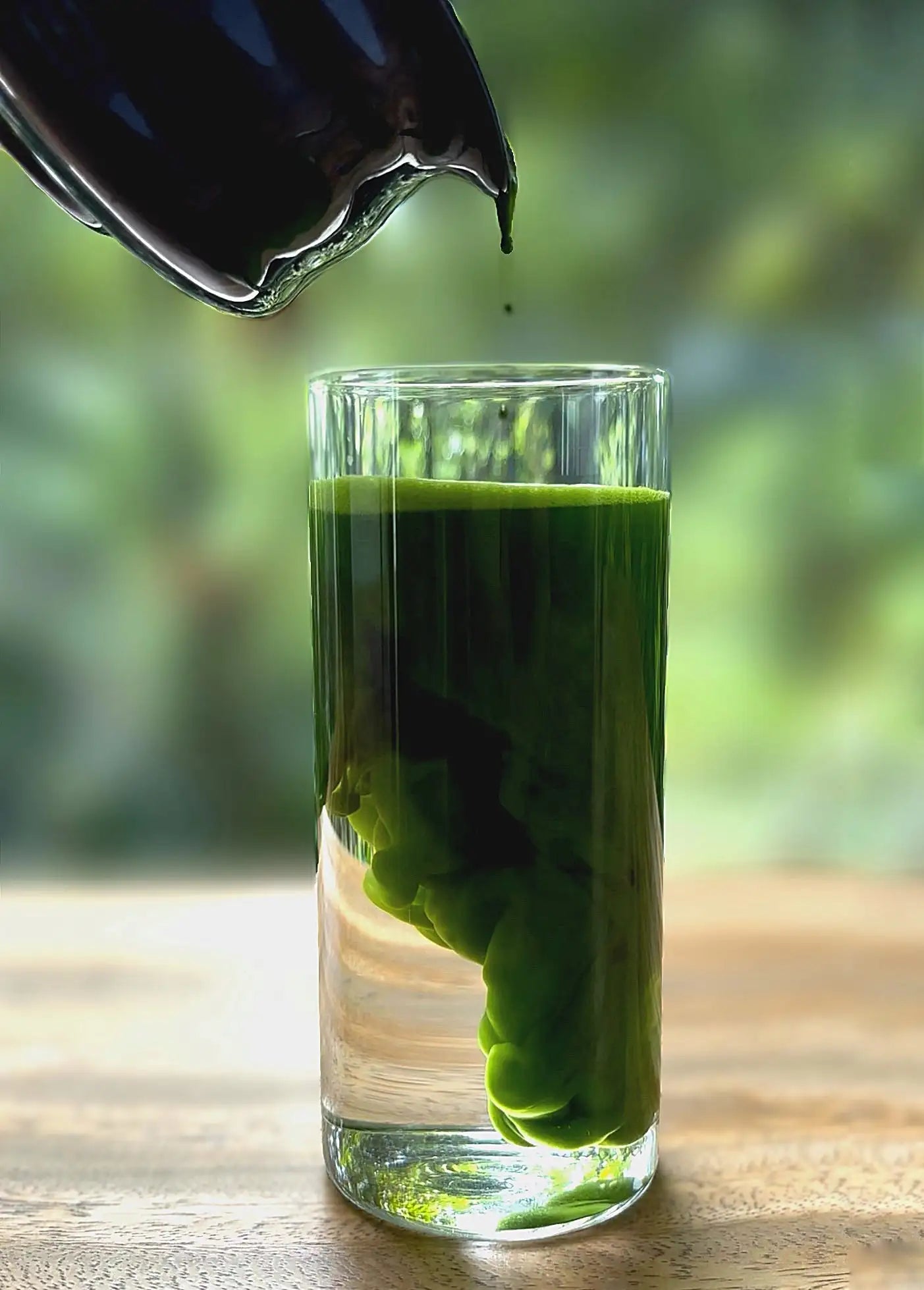 A clear glass tumbler filled with vibrant green liquid, topped by a dark, glossy pour from an unseen vessel.