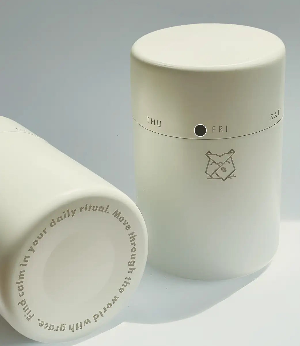 Cream-colored ceramic cylindrical container with minimalist engraved days of the week and a fox logo.