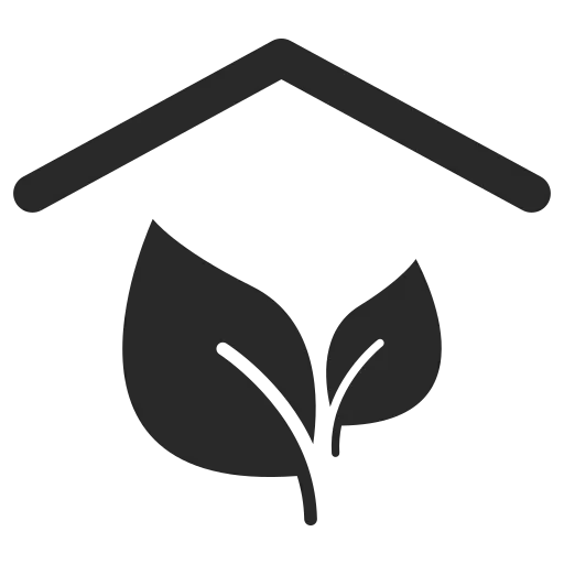 Dark gray silhouette logo featuring a stylized house shape above two overlapping leaves.