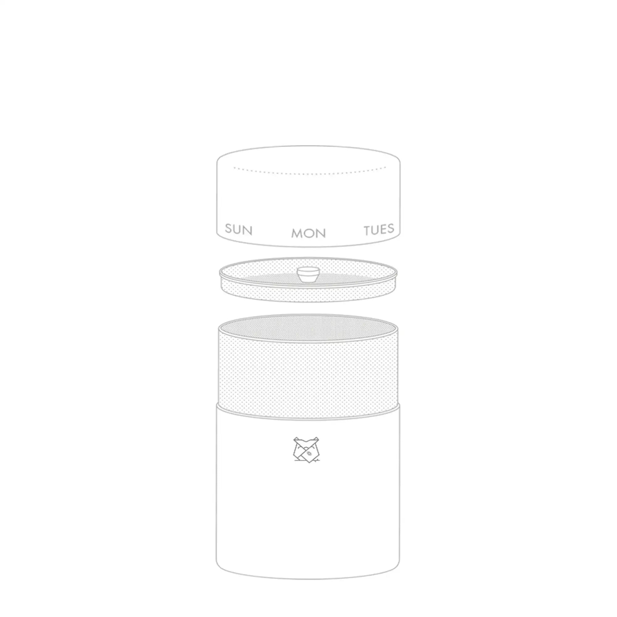 White cylindrical water bottle with segmented days of the week on top and a minimalist logo at base