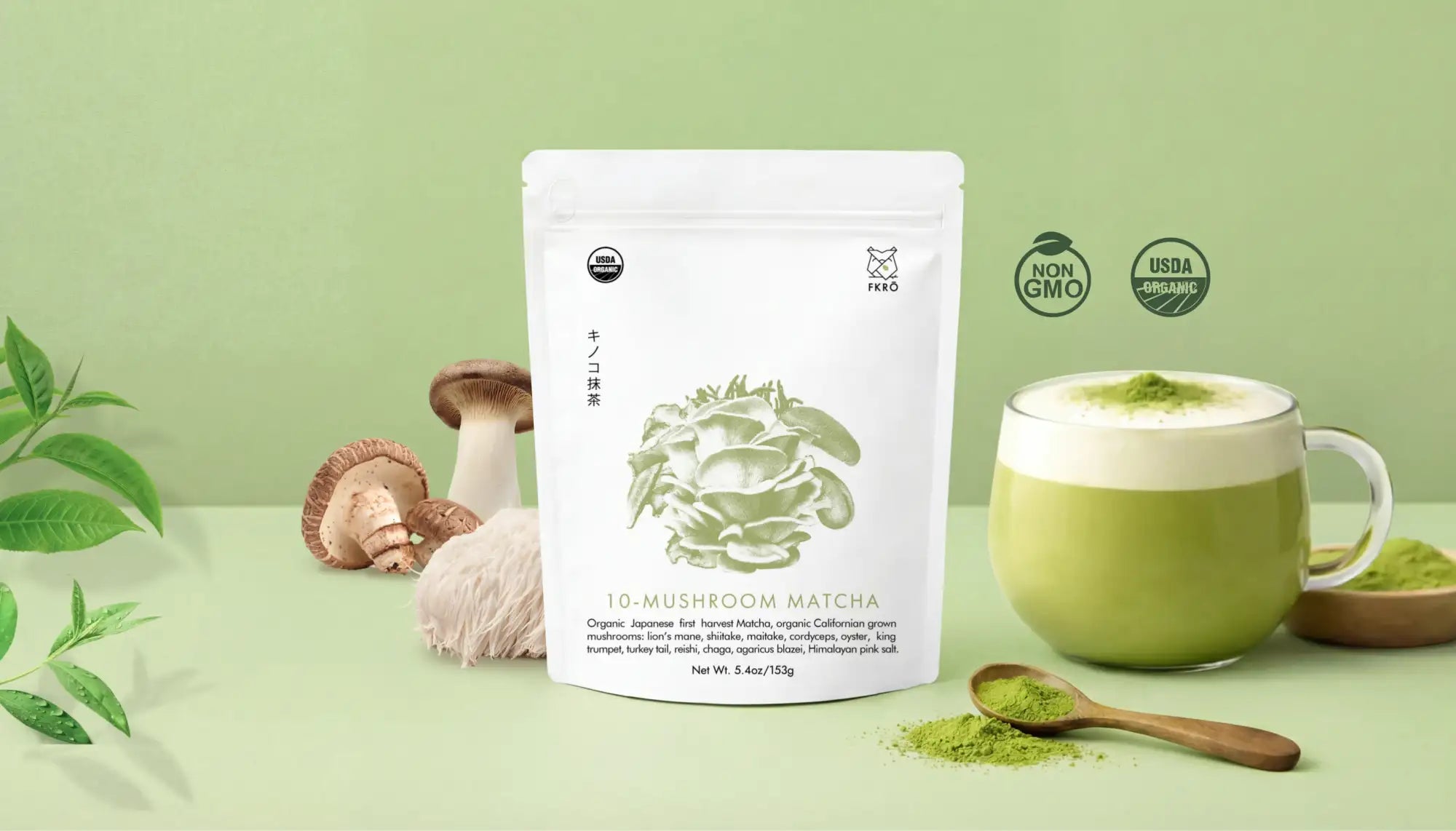 White pouch of 10-mushroom matcha powder with a minimalist design featuring an illustration of mushrooms and japanese text, labeled as organic and non-gmo.